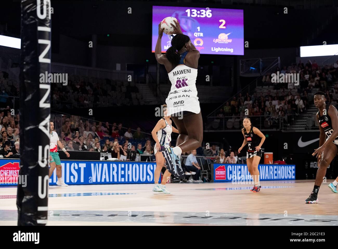 MELBOURNE, AUSTRALIA - MAY 01: Phumza Maweni of the Sunshine Coast Lightning grabs a the ball during the Suncorp Super Netball round one match between Collingwood Magpies and Sunshine Coast Lightning on May 01, 2021 at John Cain Arena in Melbourne, Australia.  Credit: Michael Currie/Speed Media/Alamy Live News Stock Photo