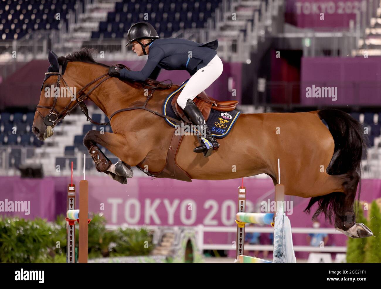 Tokyo, Japan. 06th Aug, 2021. Equestrian Sport/Jumping: Olympics, preliminaries, team, qualifying at Equestrian Park. Malin Baryard-Johnsson from Indiana. Credit: Friso Gentsch/dpa/Alamy Live News Stock Photo
