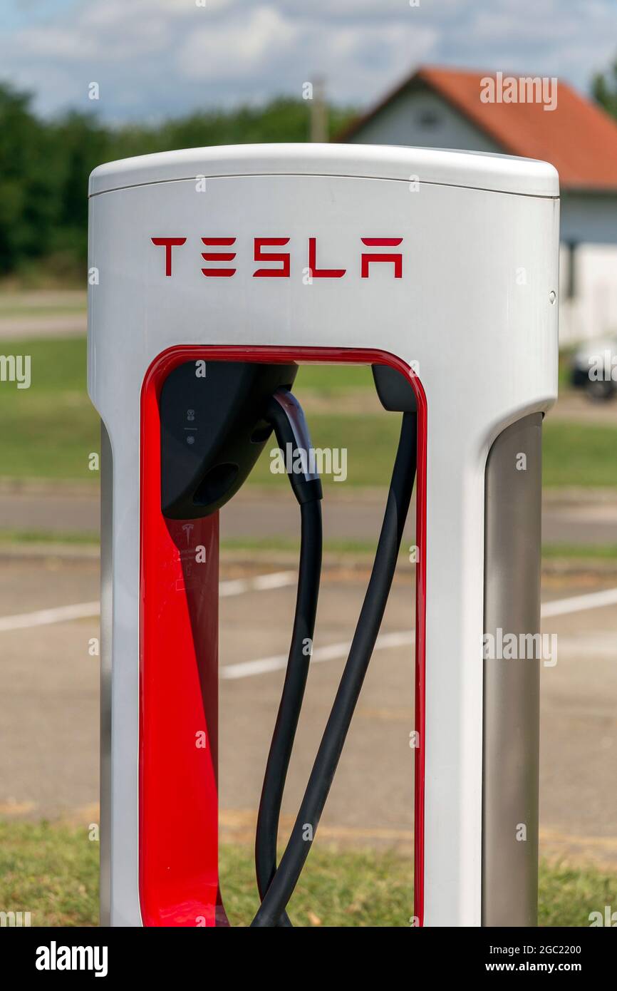 Fot Hungary August 6 2021 Tesla Supercharger Station in Fot