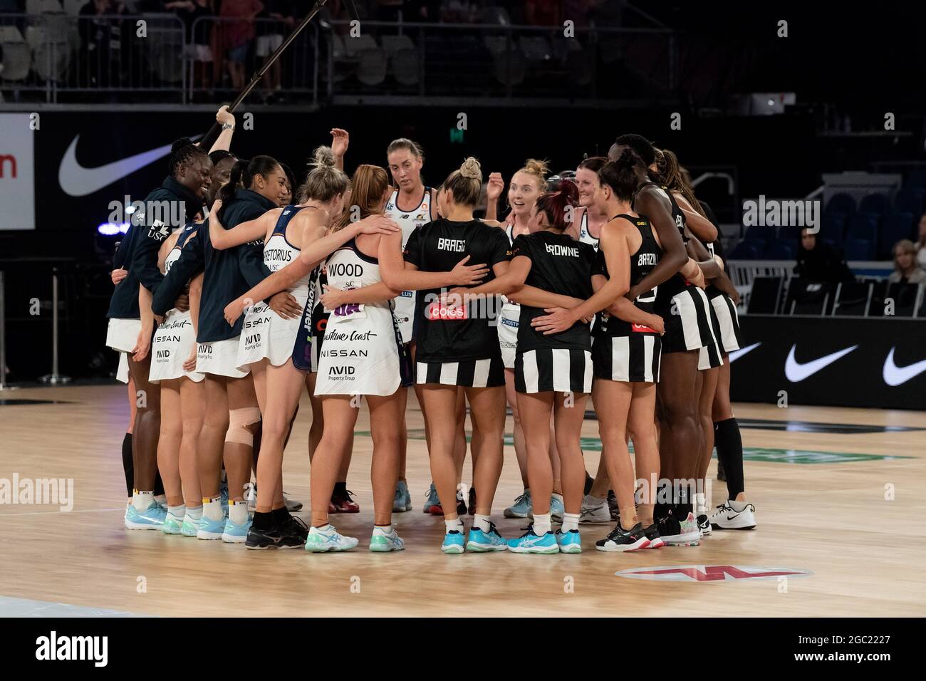 Melbourne Australia May 01 Both Teams Huddle At The End Of The Suncorp Super Netball Round One Match Between Collingwood Magpies And Sunshine Coast Lightning On May 01 21 At John