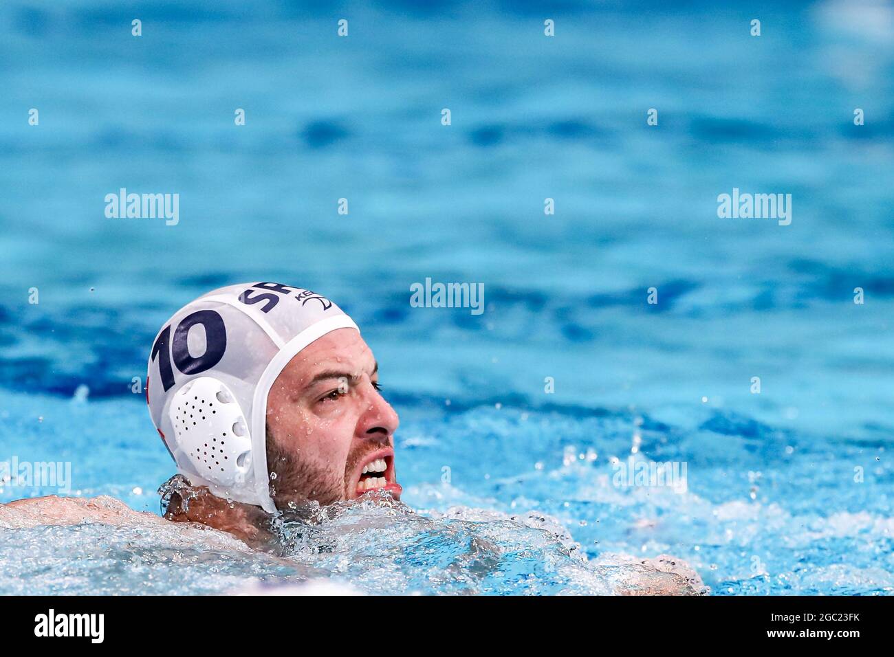TOKYO, JAPAN - AUGUST 6: Filip Filipovic of Serbia is celebrating his goal during the Tokyo 2020 Olympic Waterpolo Tournament men's Semi Final match between Serbia and Spain at Tatsumi Waterpolo Centre on August 6, 2021 in Tokyo, Japan (Photo by Marcel ter Bals/Orange Pictures) Stock Photo
