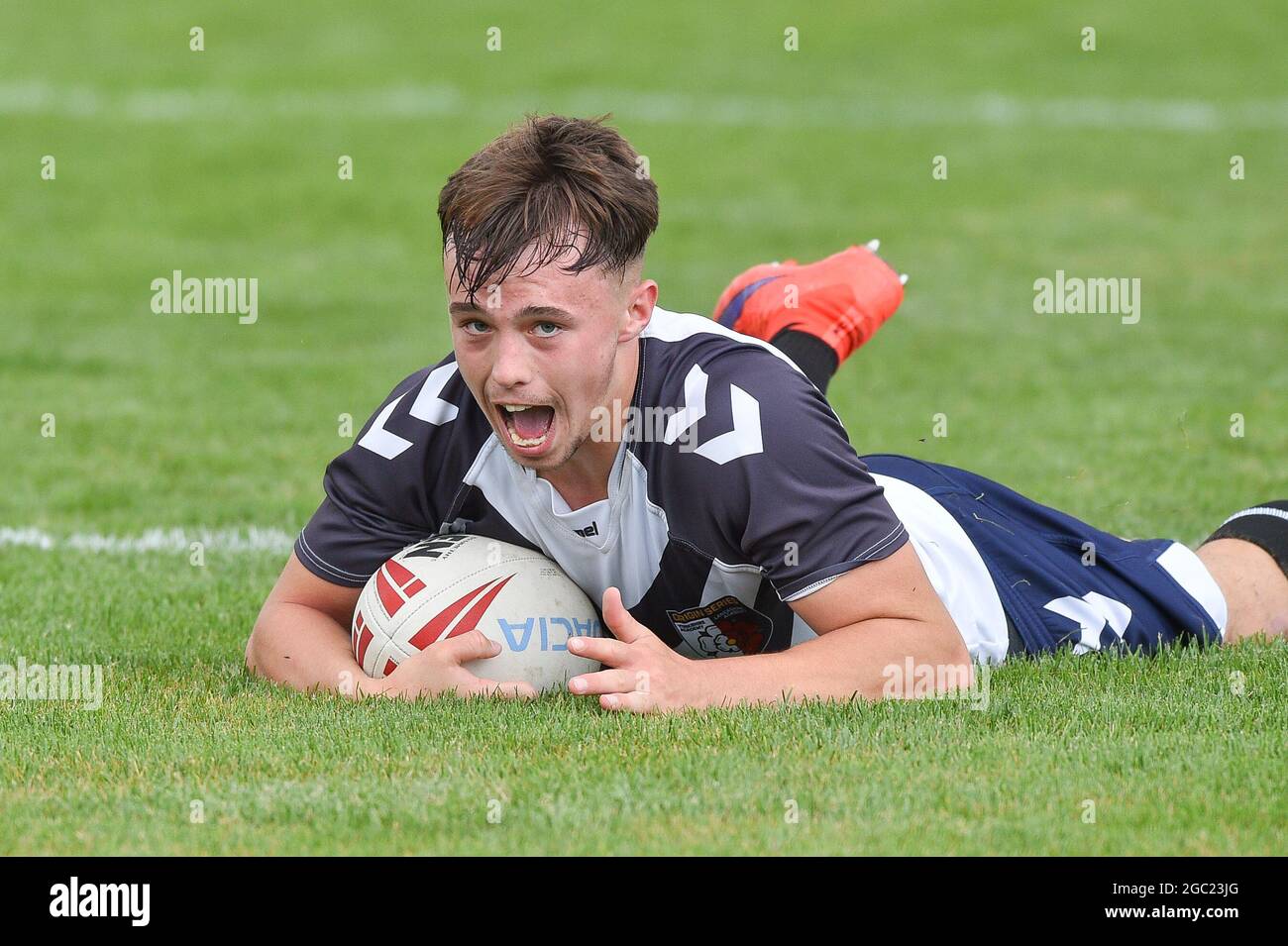 Leeds, England - 4 August 2021 - Lewis Camden (Bradford Bulls) of Yorkshire Academy scores a try during the Rugby League Roses Academy Match Yorkshire Academy vs Lancashire Academy at Weetwood Hall, Leeds, UK  Dean Williams Stock Photo