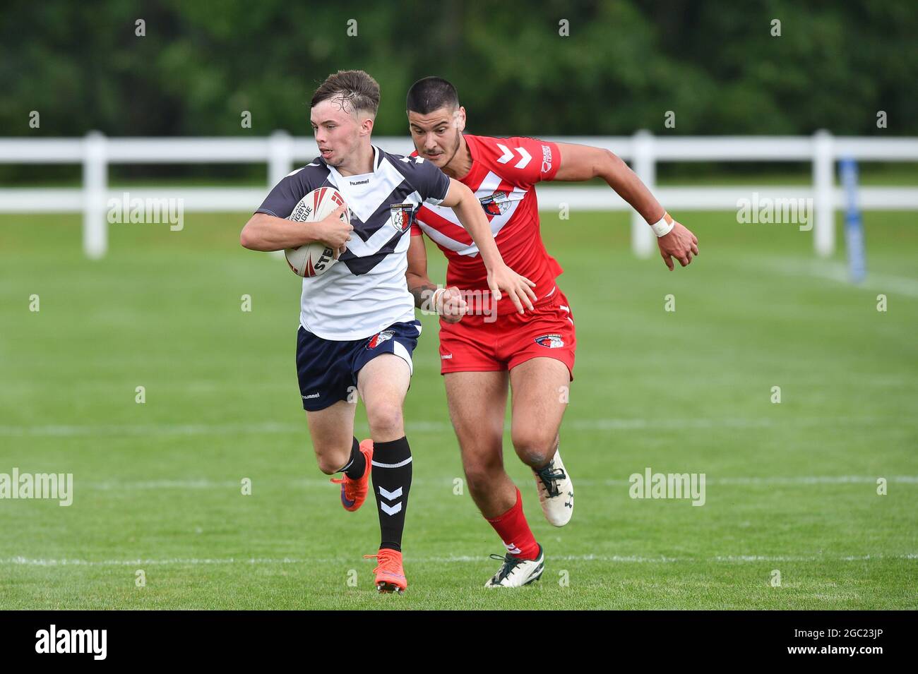 Leeds, England - 4 August 2021 - Lewis Camden (Bradford Bulls) of Yorkshire Academy scores a try during the Rugby League Roses Academy Match Yorkshire Academy vs Lancashire Academy at Weetwood Hall, Leeds, UK  Dean Williams Stock Photo