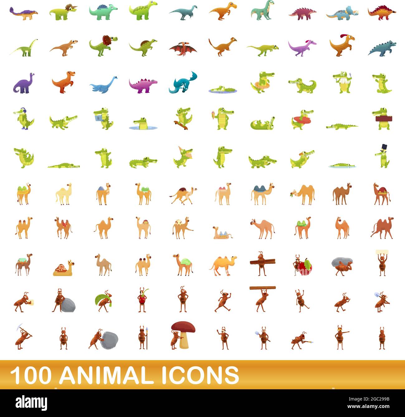 100 animal icons set. Cartoon illustration of 100 animal icons vector set isolated on white background Stock Vector