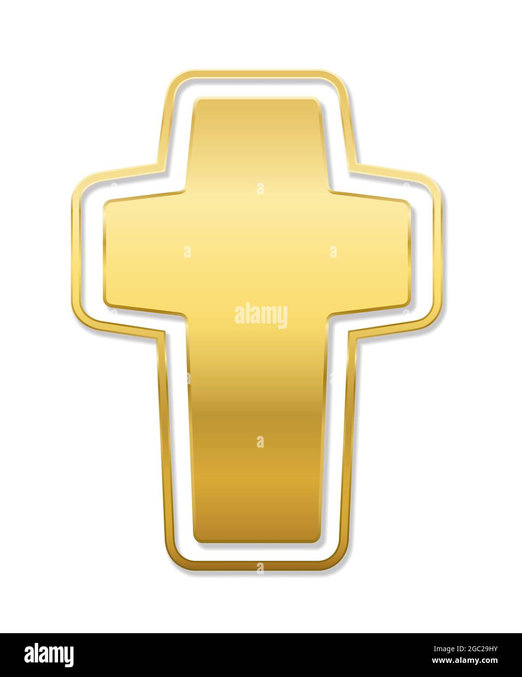 Christian cross, golden colored crucifix pendant - symbol illustration on white background. Stock Photo