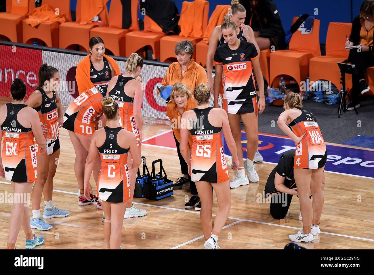 Sydney Australia May 16 Giants Coach Julie Fitzgerald Talks To Her Team During The Suncorp Super Netball Round Three Match Between Giants Netball And Queensland Firebirds On May 16 2021 At