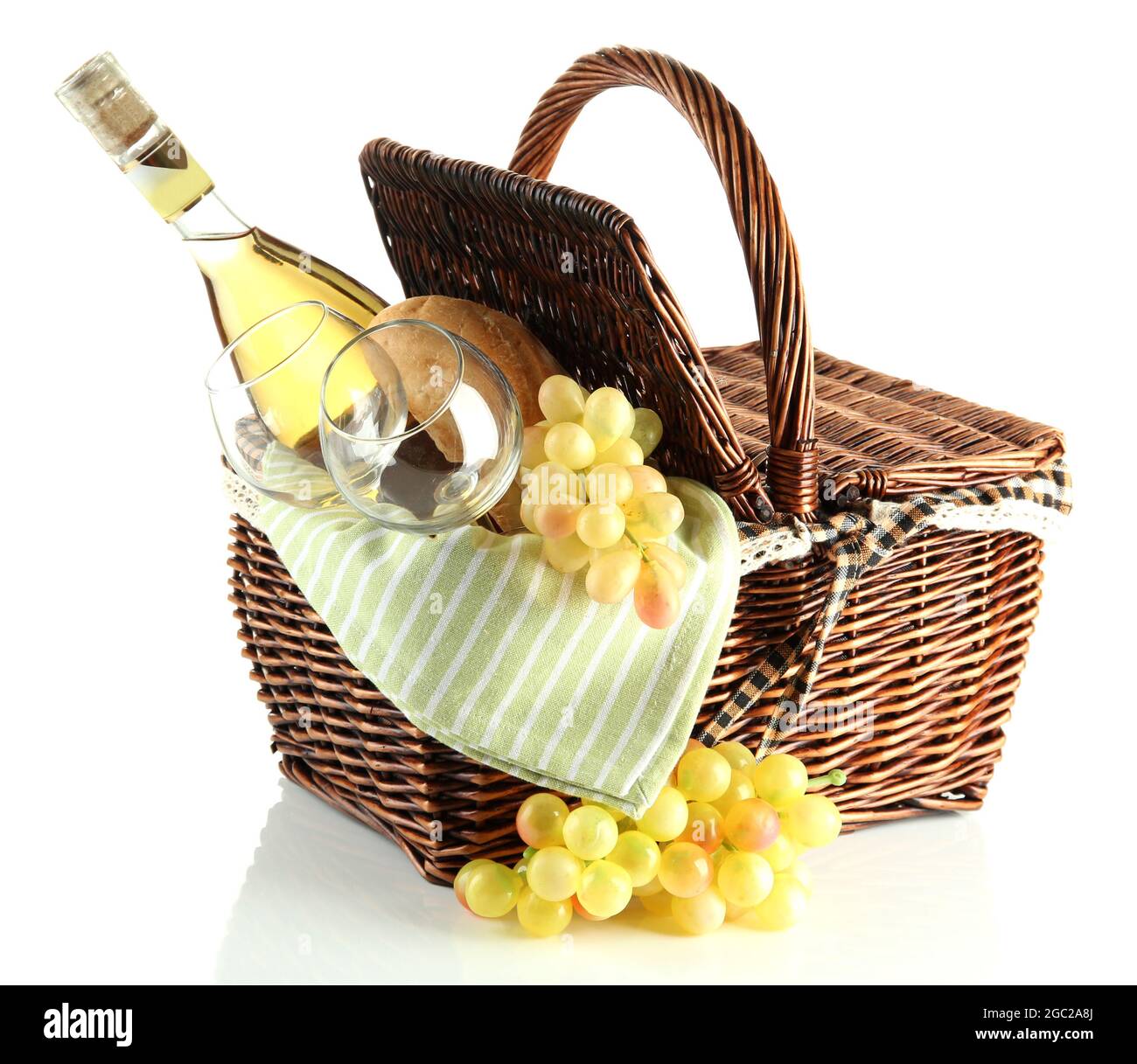 Picnic basket with grape and bottle of wine, isolated on white Stock ...