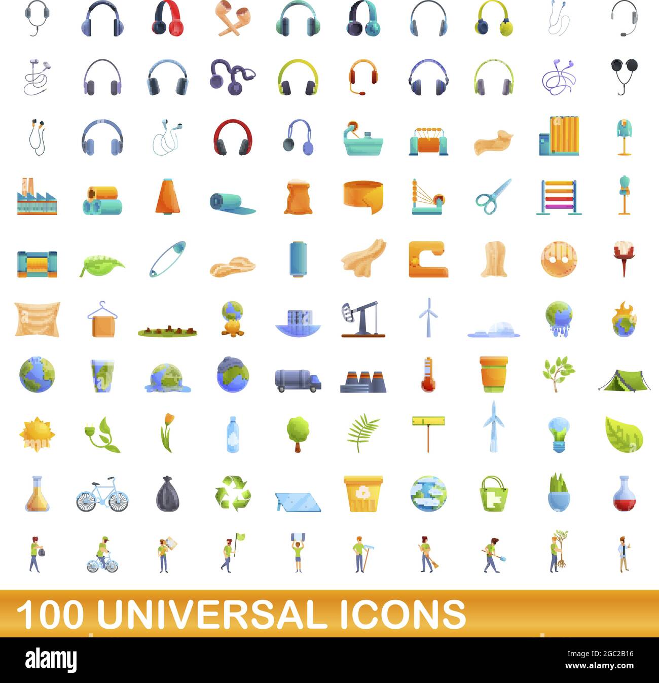 100 universal icons set. Cartoon illustration of 100 universal icons ...