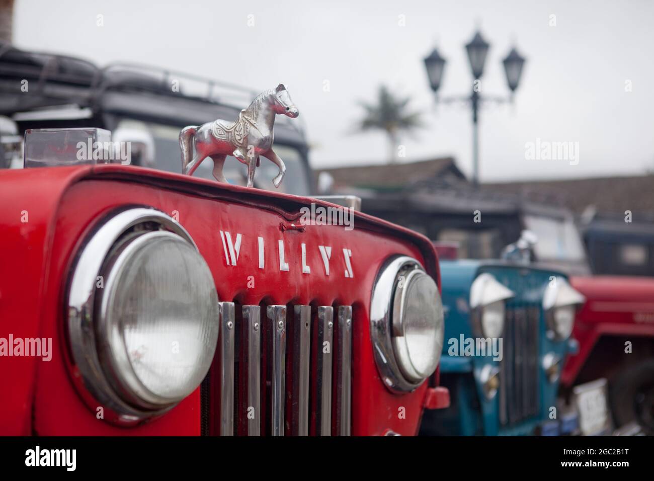 Maintained Willys Jeeps in Salento, Colombia. Stock Photo