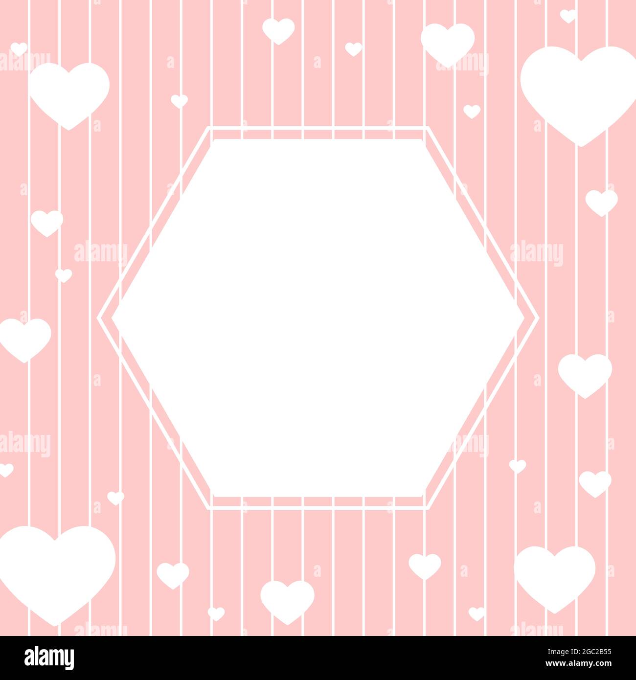 Background with a hexagon in the center for text, photography or illustration, and many different sized hearts for greetings, cards, banners and creat Stock Vector