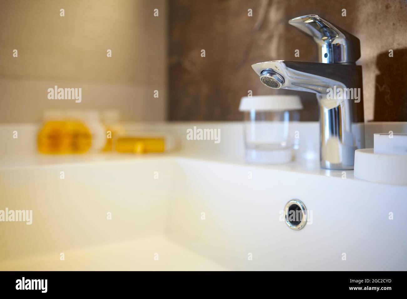 New sink in a hotel bathroom Stock Photo