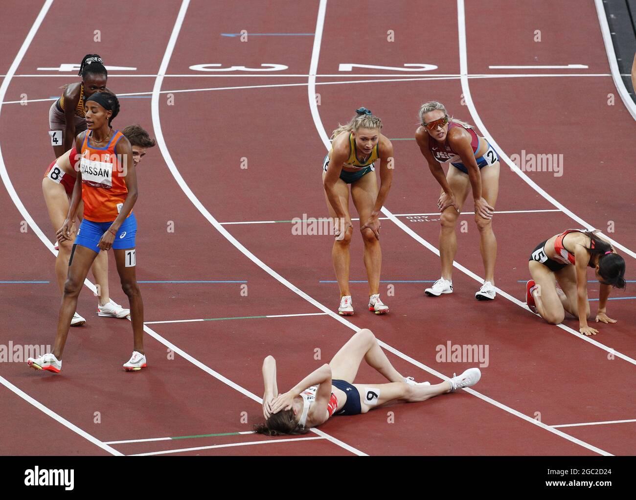 Tokyo, Japan. 06th Aug, 2021. Athletes catch their breath after competing in the Women's 1500 m final at the Tokyo 2020 Summer Olympic Games in Tokyo, Japan on Friday, August 6, 2021. Photo by Bob Strong/UPI Credit: UPI/Alamy Live News Stock Photo