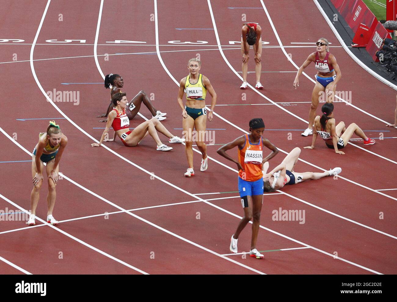 Tokyo, Japan. 06th Aug, 2021. Athletes catch their breath after competing in the Women's 1500 m final at the Tokyo 2020 Summer Olympic Games in Tokyo, Japan on Friday, August 6, 2021. Photo by Bob Strong/UPI Credit: UPI/Alamy Live News Stock Photo