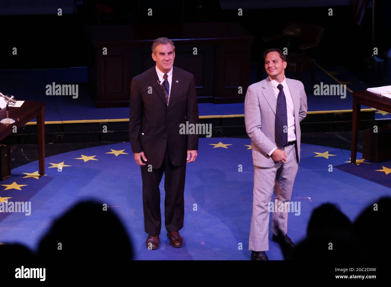 New York, NY, USA. 5th Aug, 2021. Tom Gregory and Chris Lazzaro during the curtain call following a preview performance of Trial On The Potomac, The Impeachment of Richard Nixon, held at The Theatre at St. Clement's, on August 5, 2021, in New York City. Credit: Joseph Marzullo/Media Punch/Alamy Live News Stock Photo