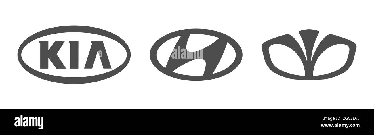 Germany, Berlin-08/04/2021: A set of Korean car logos. Black logo on a white background. The leaders of the Korean automotive industry are KIA, HYUNDA Stock Vector