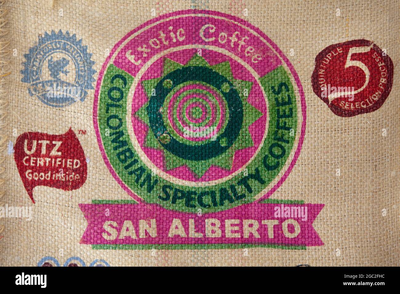 Coffee sack from Hacienda San Alberto, the most awarded single-estate coffee plantation in Colombia. Stock Photo