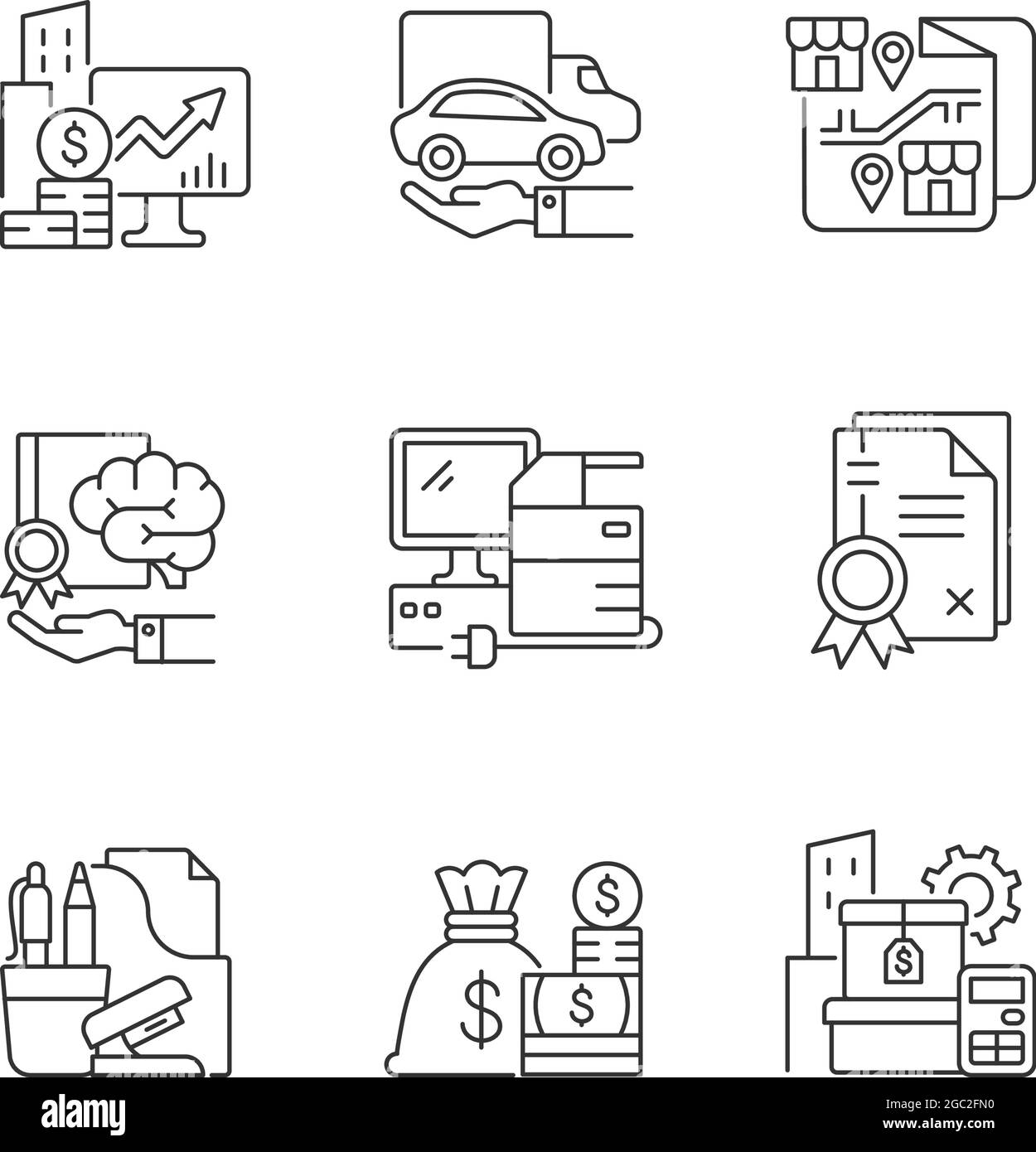 Office supplies and technical equipment linear icons set Stock Vector