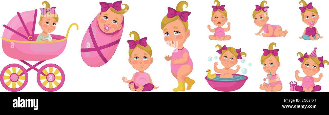 Set realistic little baby girl from toddler to one year old - Vector ...