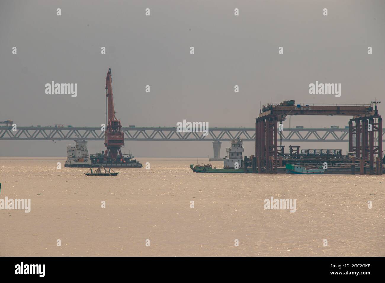 Mawa , Bangladesh - 23 June 2021 ; Mawa Ferry Ghat and  padma Bridge in a frame . Stock Photo