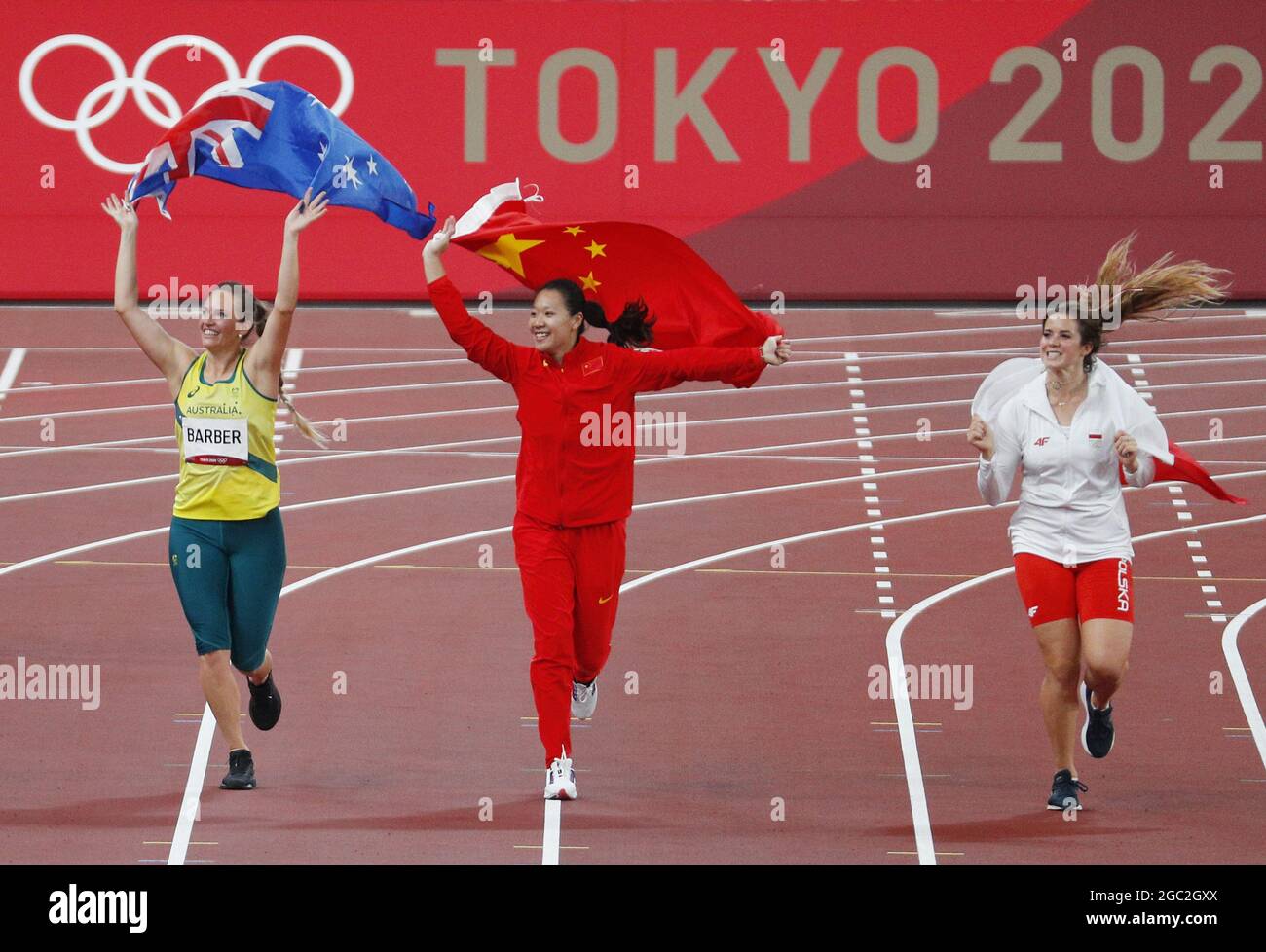 Tokyo, Japan. 06th Aug, 2021. Liu Shiying of China, Maria Andrejczyk of Poland and Kelsey-Lee Barber of Australia celebrate after winning the gold, silver and Bronze medals in the Women's Javelin Throw at the Tokyo 2020 Summer Olympic Games in Tokyo, Japan on Friday, August 6, 2021. Photo by Bob Strong/UPI Credit: UPI/Alamy Live News Stock Photo