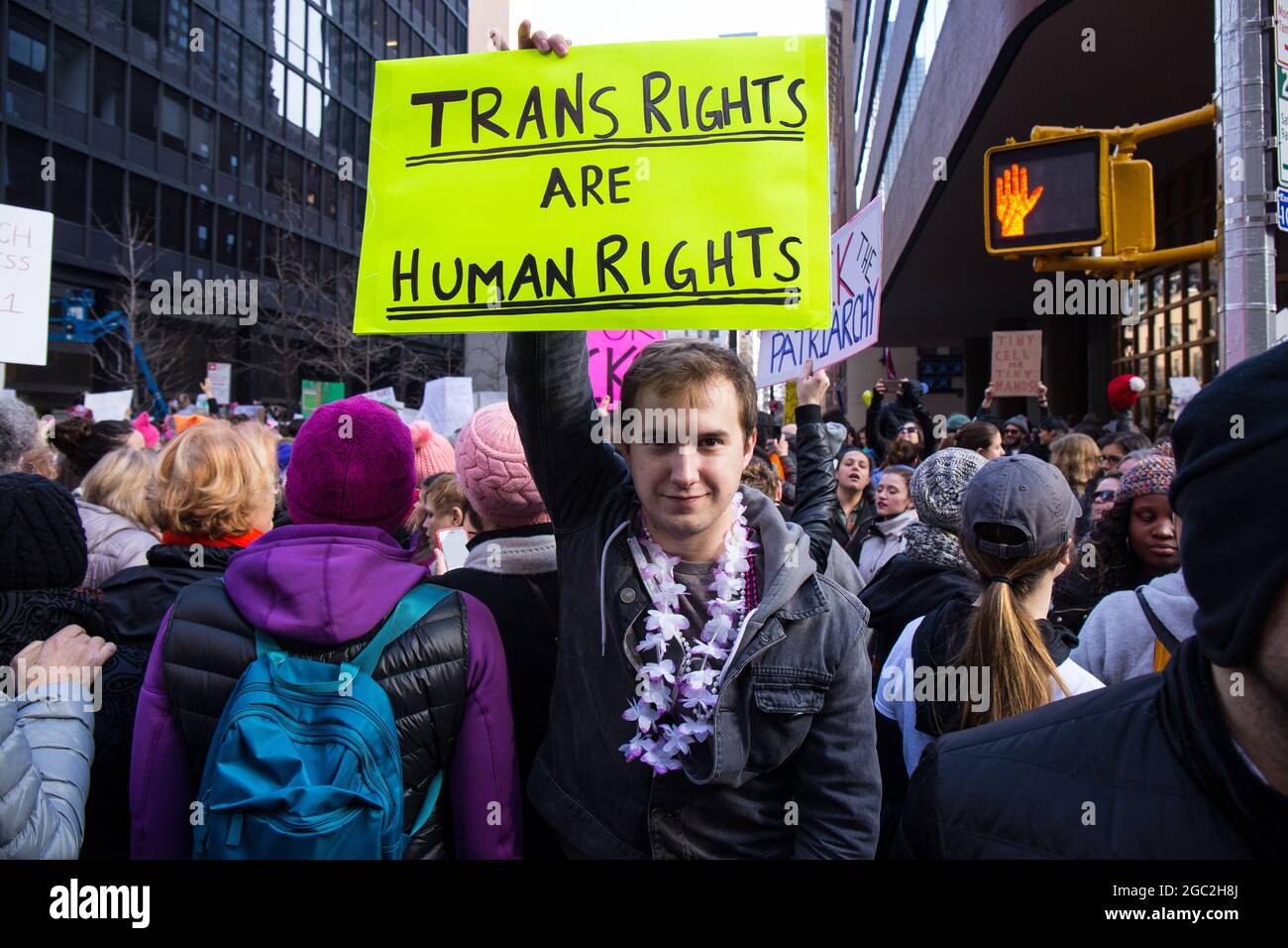 NEW YORK - JANUARY 21, 2017: An unidentified person holds a sign that reads 'Trans Rights Are Human Rights' at the Women's March in New York City. Stock Photo