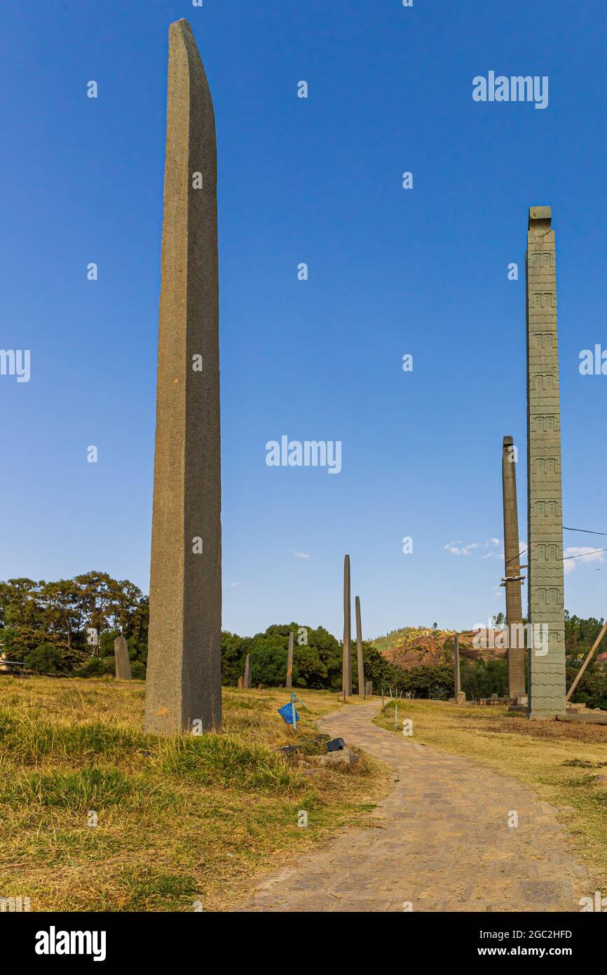 Ancient obelisks in Aksum, Ethiopia. UNESCO World Heritage site. Stock Photo