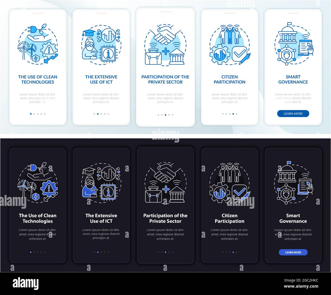 Smart city instruments dark, light onboarding mobile app page screen Stock Vector