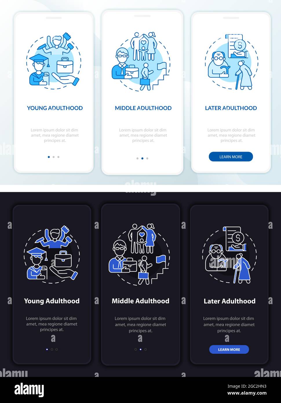 Stages of adulthood onboarding mobile app page screen Stock Vector ...