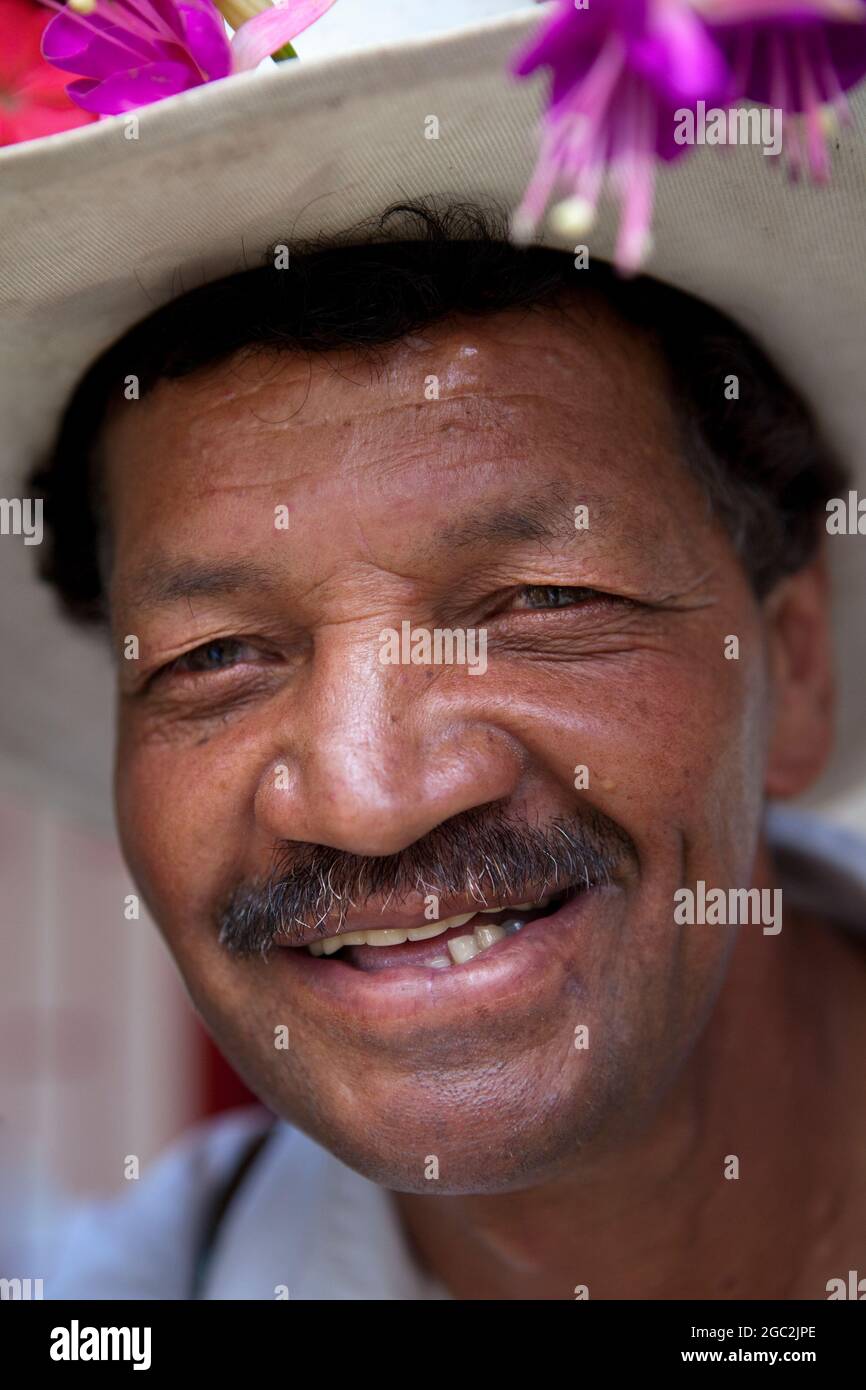 Portrait of a traditional 'silletero' (flower cultivator) in Santa Elena near Medellin, Colombia. Stock Photo