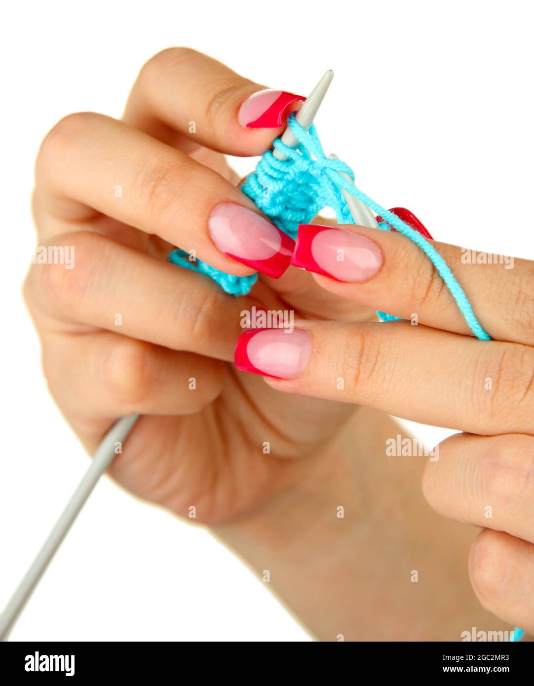 Hands of young woman knitting with blue wool, isolated on white Stock ...