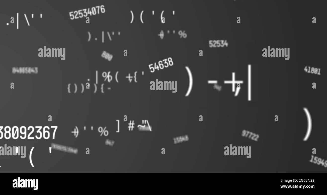 Digital image of multiple changing numbers and symbols floating against grey background Stock Photo