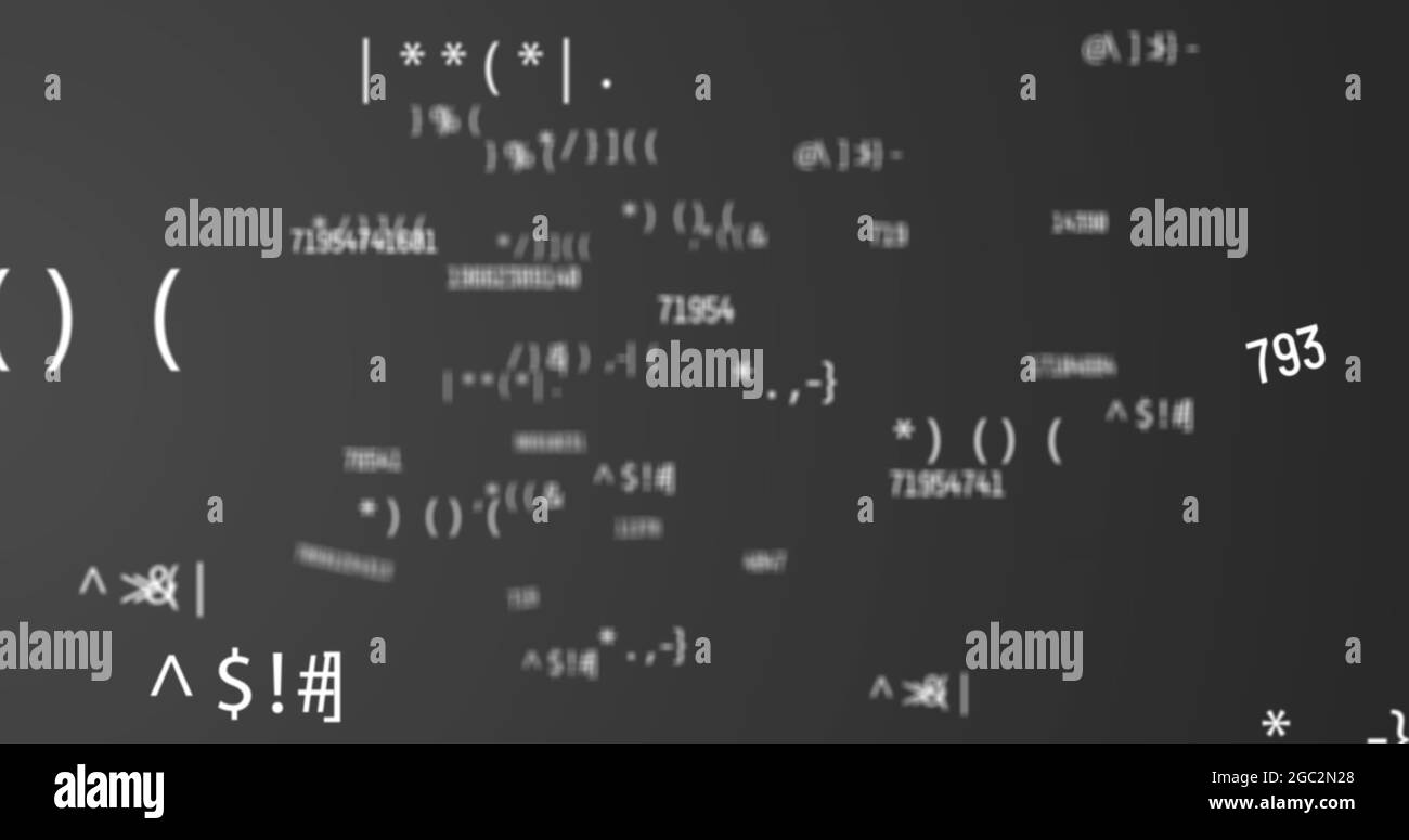 Digital image of multiple changing numbers and symbols floating against grey background Stock Photo