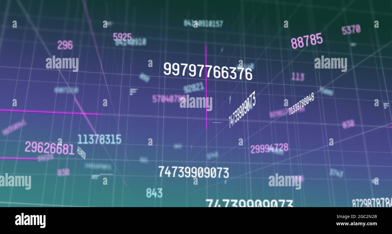 Digital image of multiple numbers against grid network on purple ...