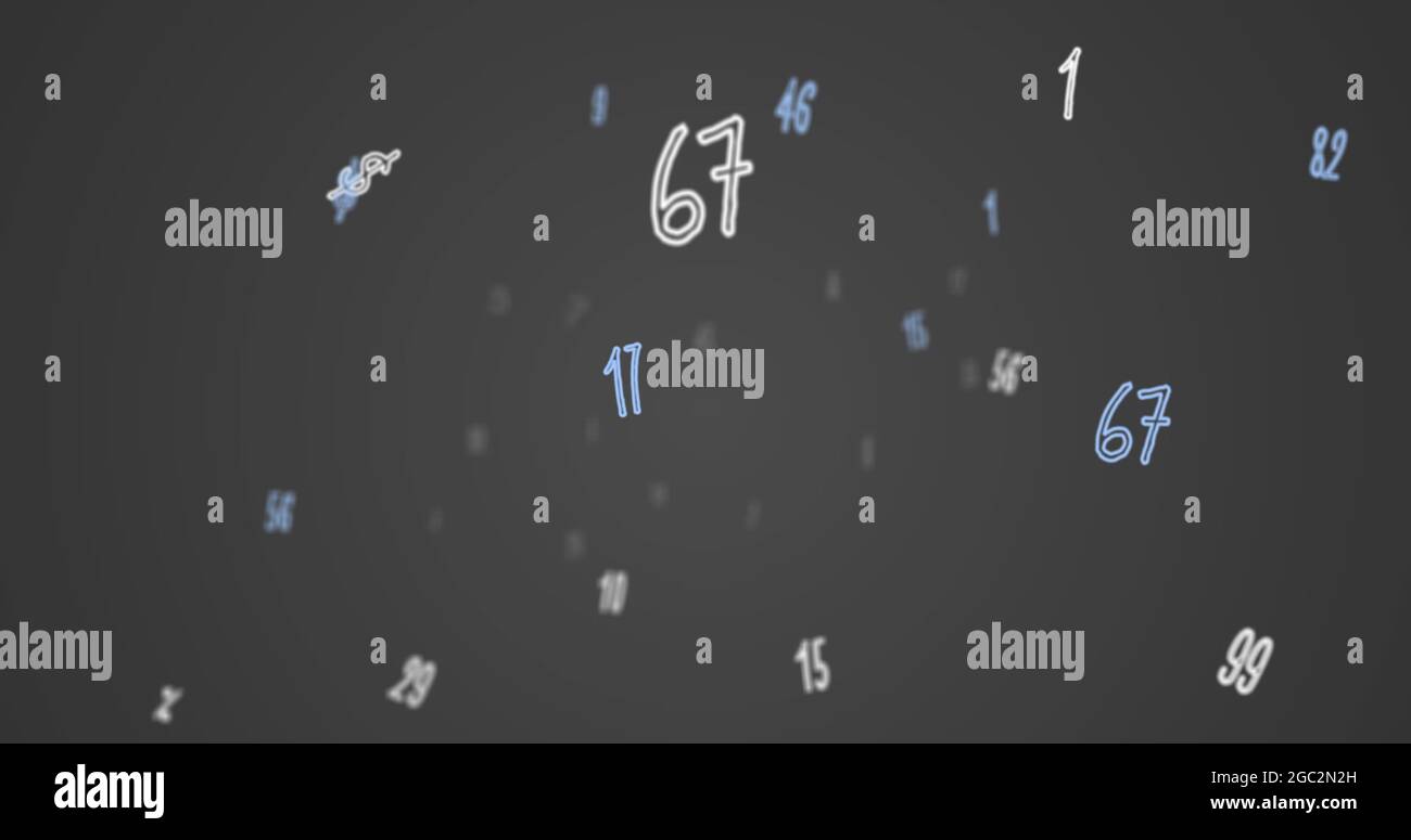 Digital image of multiple numbers floating and moving against grey ...