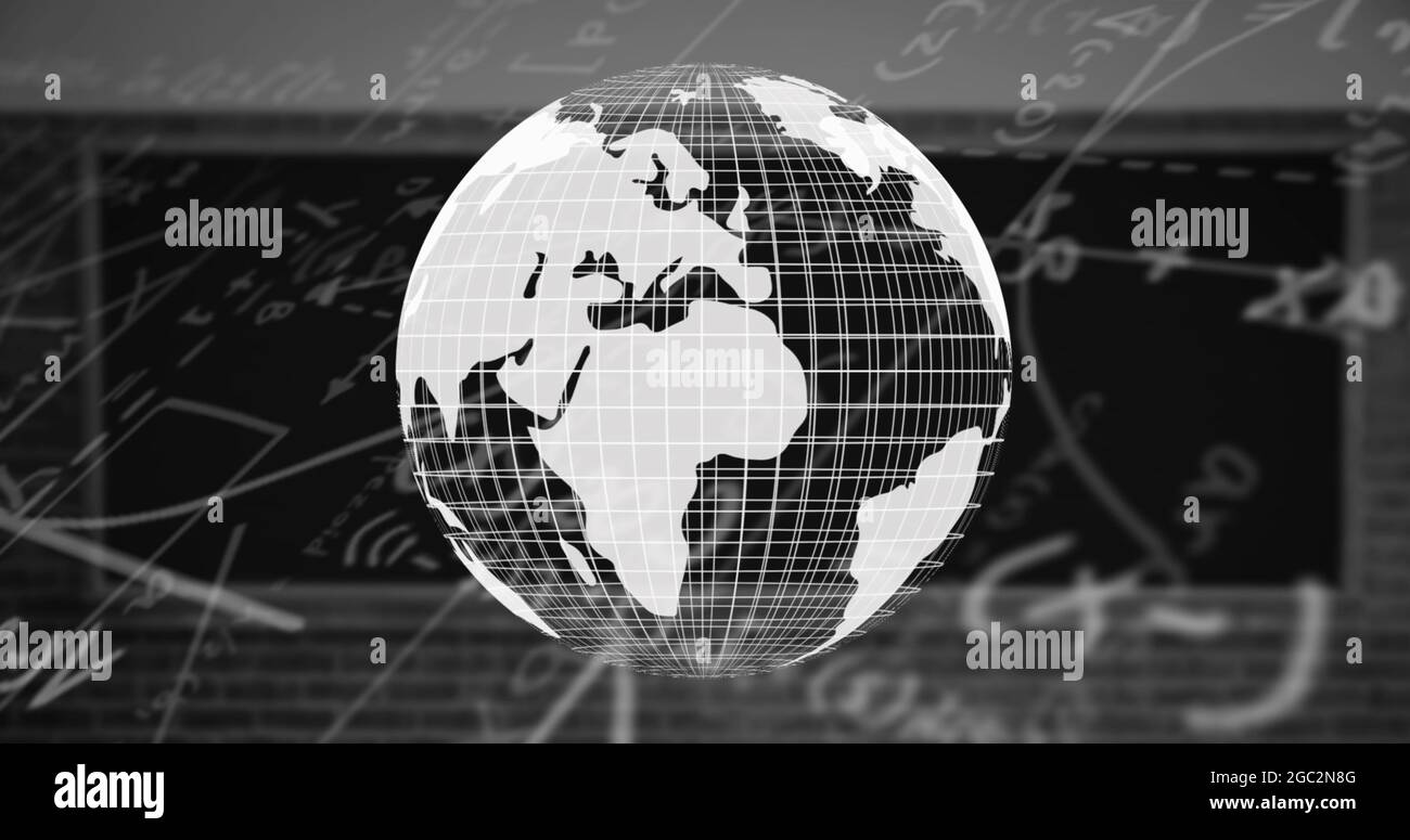 Digital image of globe spinning against mathematical equations on black ...