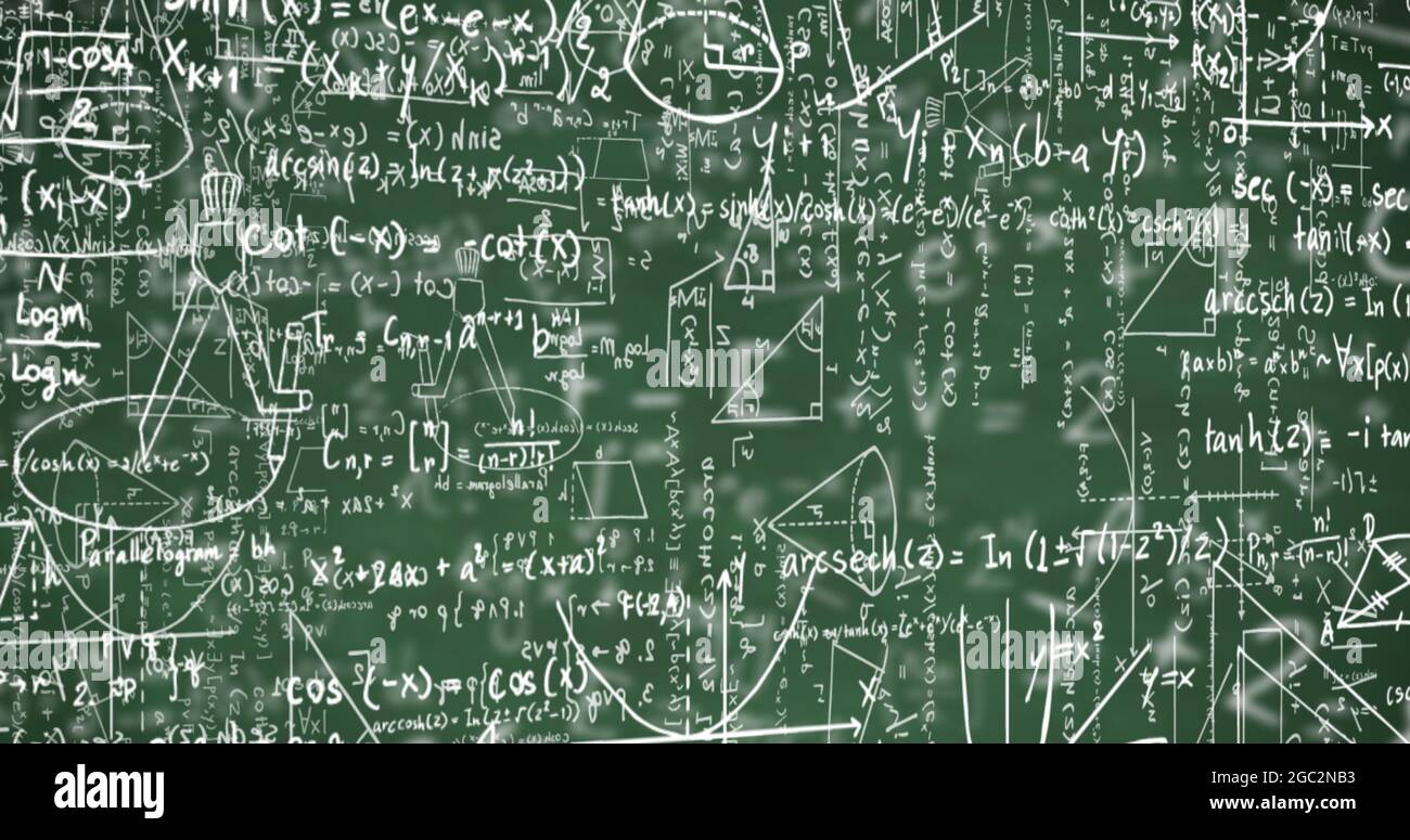 Digital image of mathematical equations moving against mathematical symbols  on green background Stock Photo - Alamy