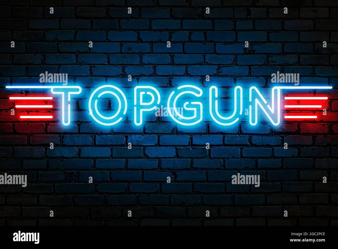 Top Gun logo on a brick wall background, neon light. 3D artwork Stock