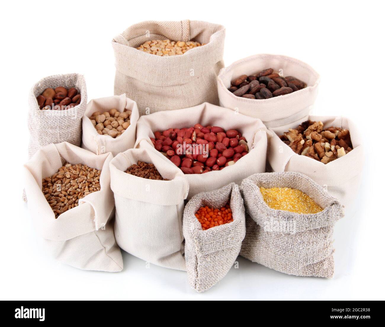 Different kinds of beans in sacks isolated on white Stock Photo Alamy