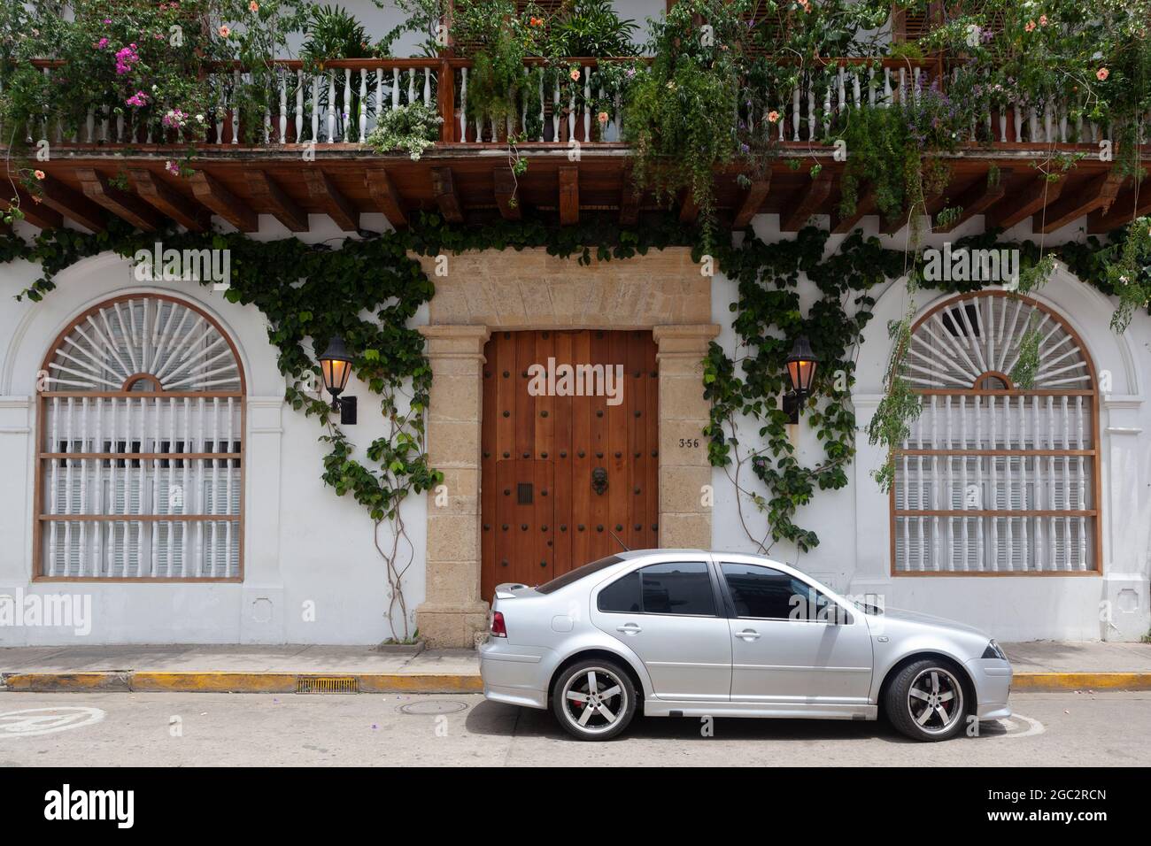 Charming street scene in Cartagena, Colombia. Stock Photo