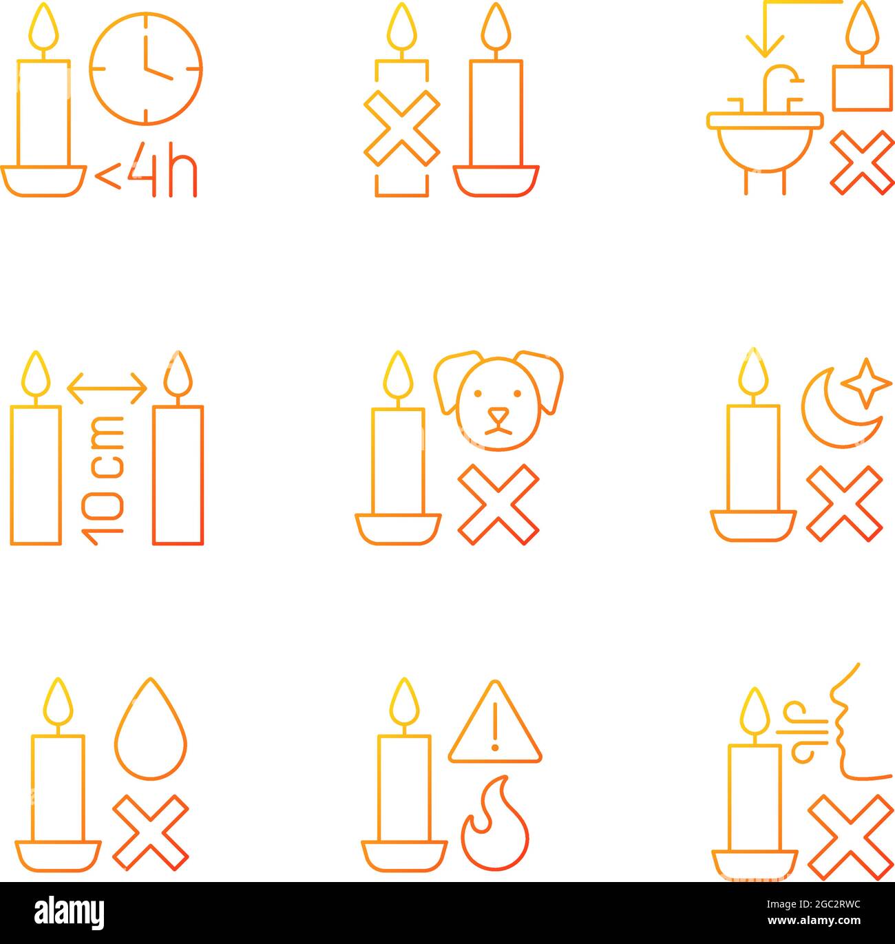 Candle safety regulations gradient linear vector manual label icons set Stock Vector Image & Art