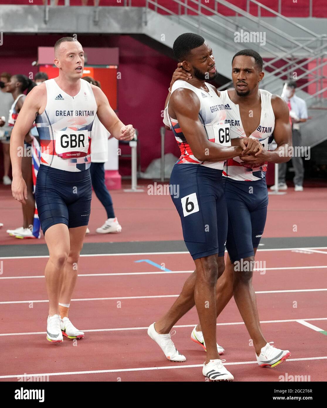 Great Britain's Richard Kilty (left), Nethaneel Mitchell-Blake (centre) and Chijindu Ujah after winning silver in the Men's 4 x 100m Relay Final at the Olympic Stadium on the fourteenth day of the Tokyo 2020 Olympic Games in Japan. Picture date: Friday August 6, 2021. Stock Photo