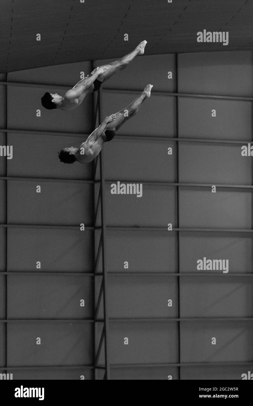 Martin Christensen and Andreas Larsen, Denmark, Synchronised Platform final, European Diving Championships, London Stock Photo