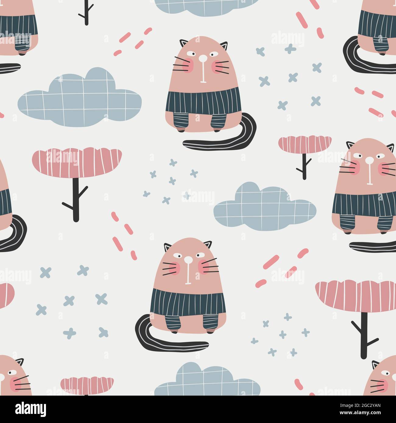 Cute cats pattern - hand drawn childish dinosaur seamless pattern design Stock Vector