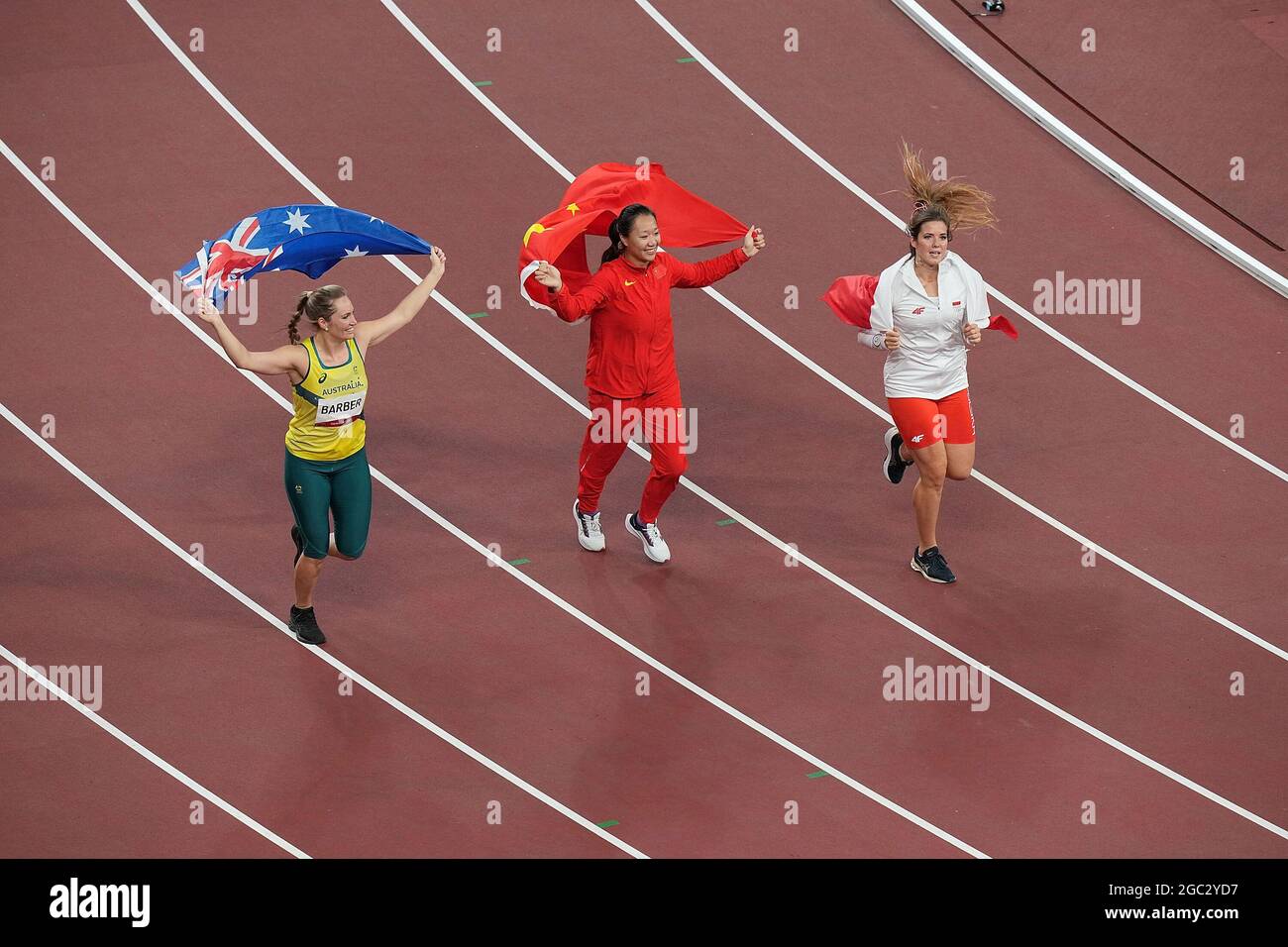 Tokyo, Japan. 6th Aug, 2021. (From L to R) Kelsey-Lee Barber of Australia, Liu Shiying of China and Maria Andrejczyk of Poland celebrate after the women's javelin throw final at Tokyo 2020 Olympic Games, in Tokyo, Japan, Aug. 6, 2021. Credit: Lui Siu Wai/Xinhua/Alamy Live News Stock Photo