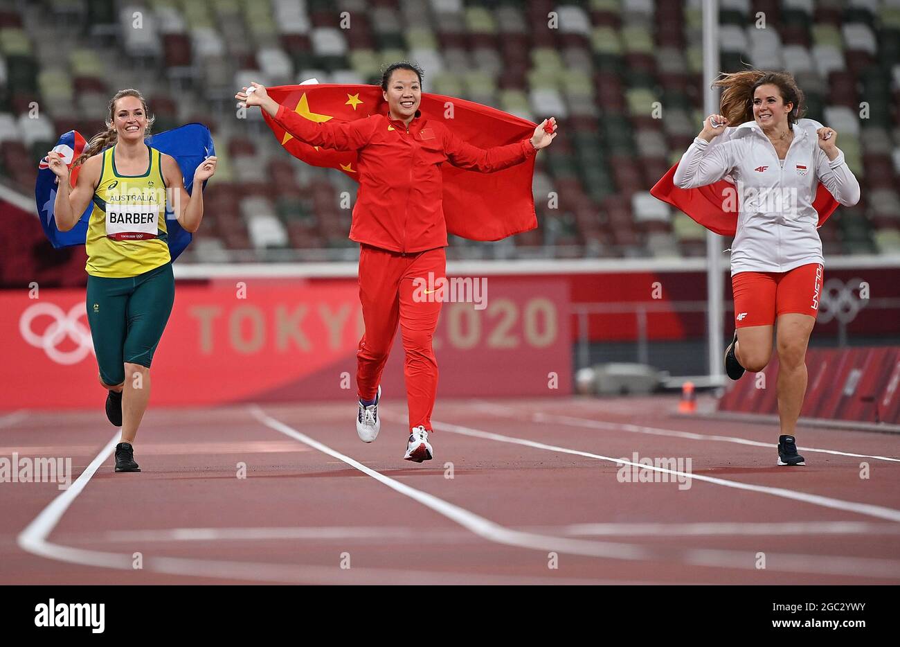 Tokyo, Japan. 6th Aug, 2021. (From L to R) Kelsey-Lee Barber of Australia, Liu Shiying of China and Maria Andrejczyk of Poland celebrate after the women's javelin throw final at Tokyo 2020 Olympic Games, in Tokyo, Japan, Aug. 6, 2021. Credit: Jia Yuchen/Xinhua/Alamy Live News Stock Photo