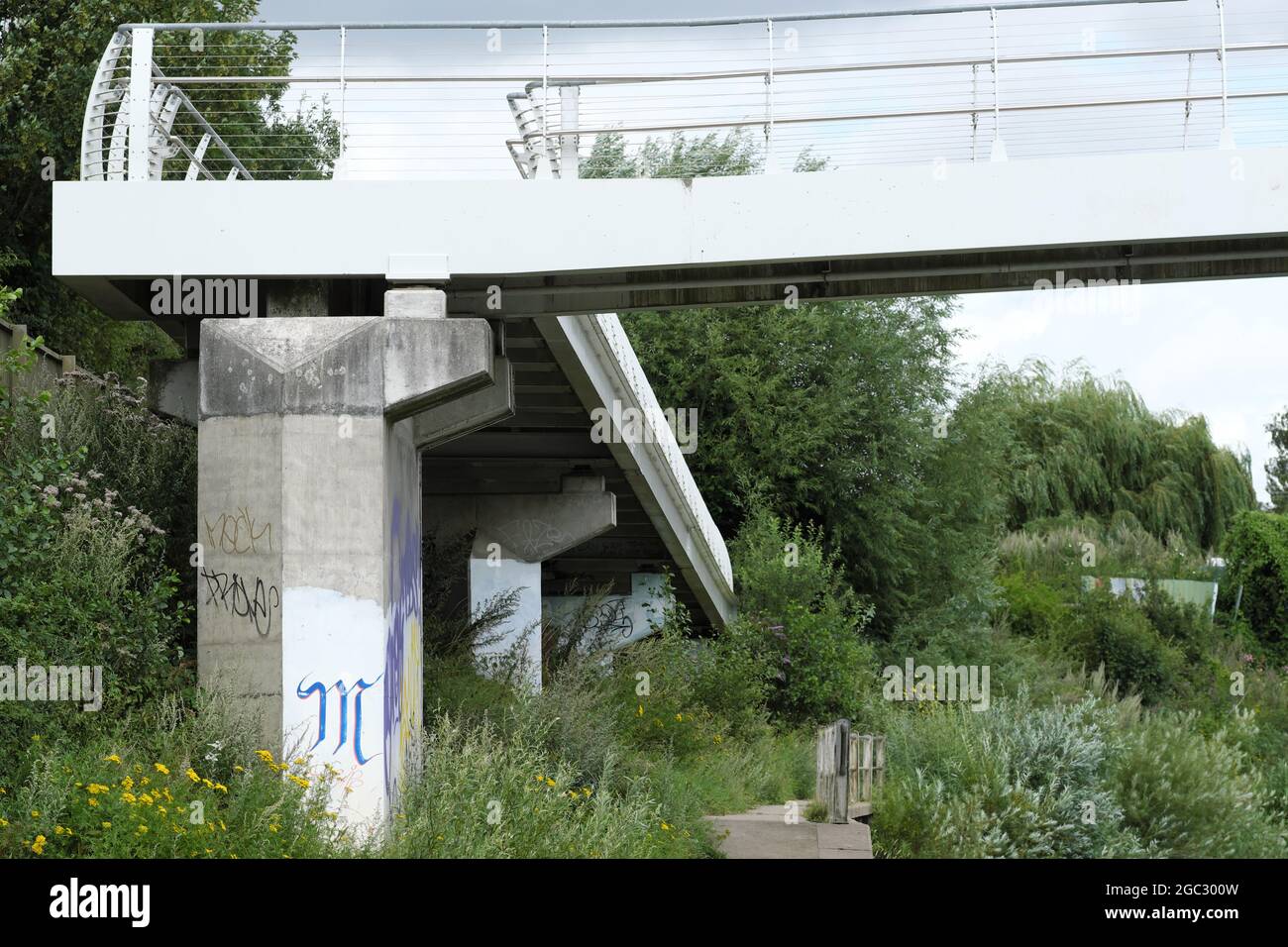 Modern pedestrian footbridge design made of concrete and steel in Hereford UK 2021 Stock Photo