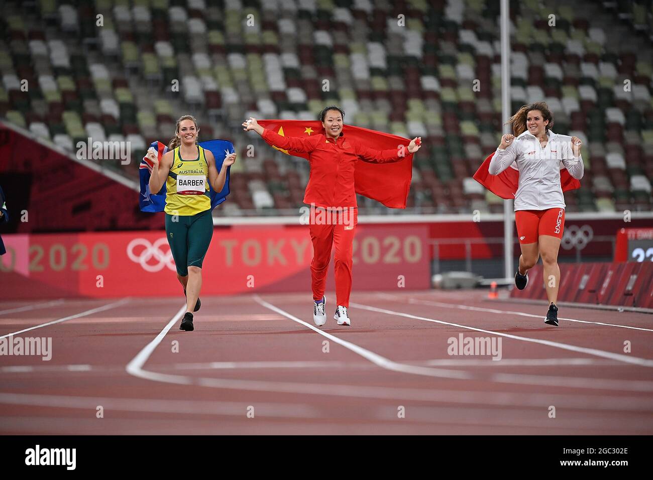 Tokyo, Japan. 6th Aug, 2021. (From L to R) Kelsey-Lee Barber of Australia, Liu Shiying of China and Maria Andrejczyk of Poland celebrate after the women's javelin throw final at Tokyo 2020 Olympic Games, in Tokyo, Japan, Aug. 6, 2021. Credit: Jia Yuchen/Xinhua/Alamy Live News Stock Photo