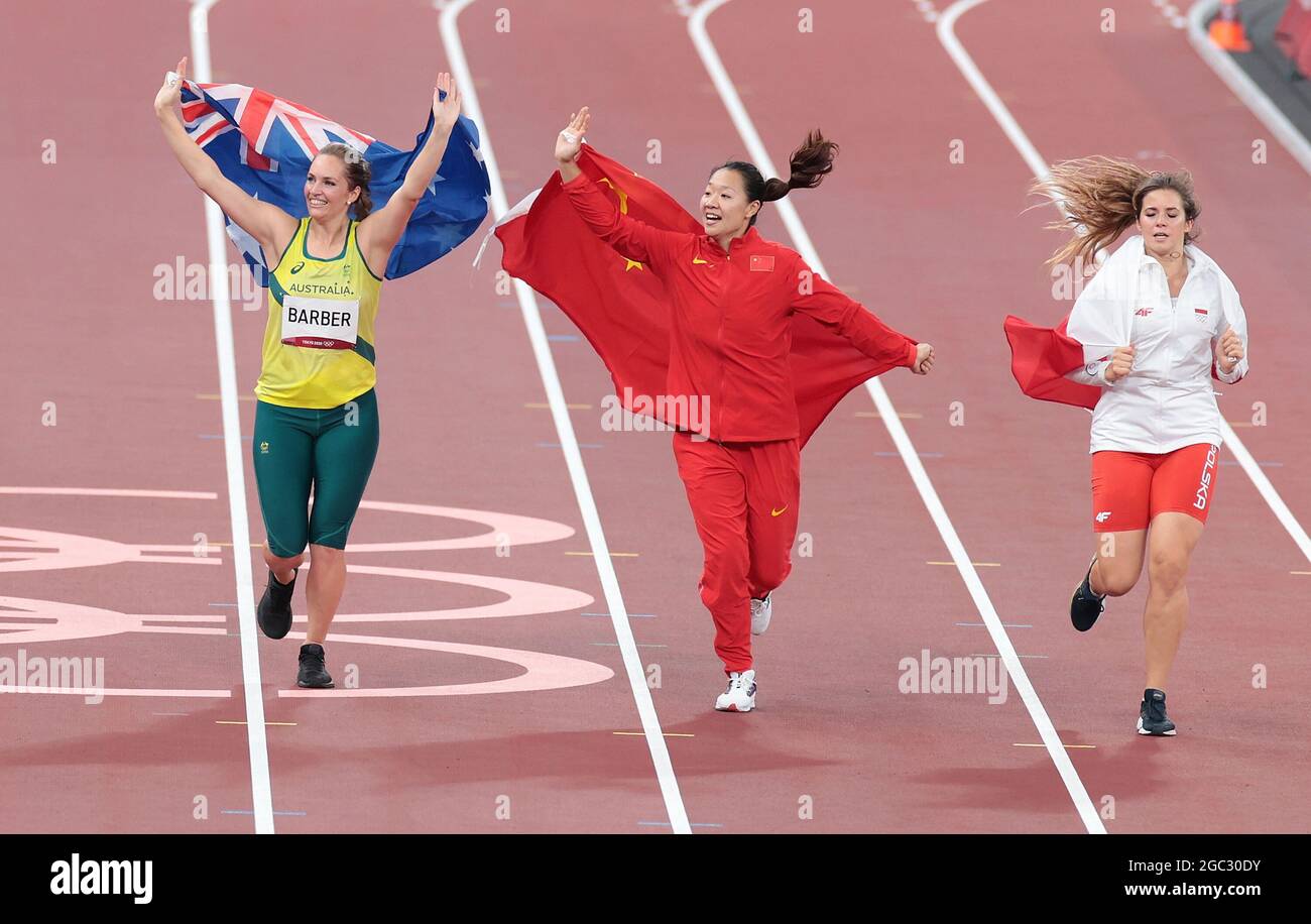 Tokyo, Japan. 6th Aug, 2021. (From L to R) Kelsey-Lee Barber of Australia, Liu Shiying of China and Maria Andrejczyk of Poland celebrate after the women's javelin throw final at Tokyo 2020 Olympic Games, in Tokyo, Japan, Aug. 6, 2021. Credit: Li Gang/Xinhua/Alamy Live News Stock Photo