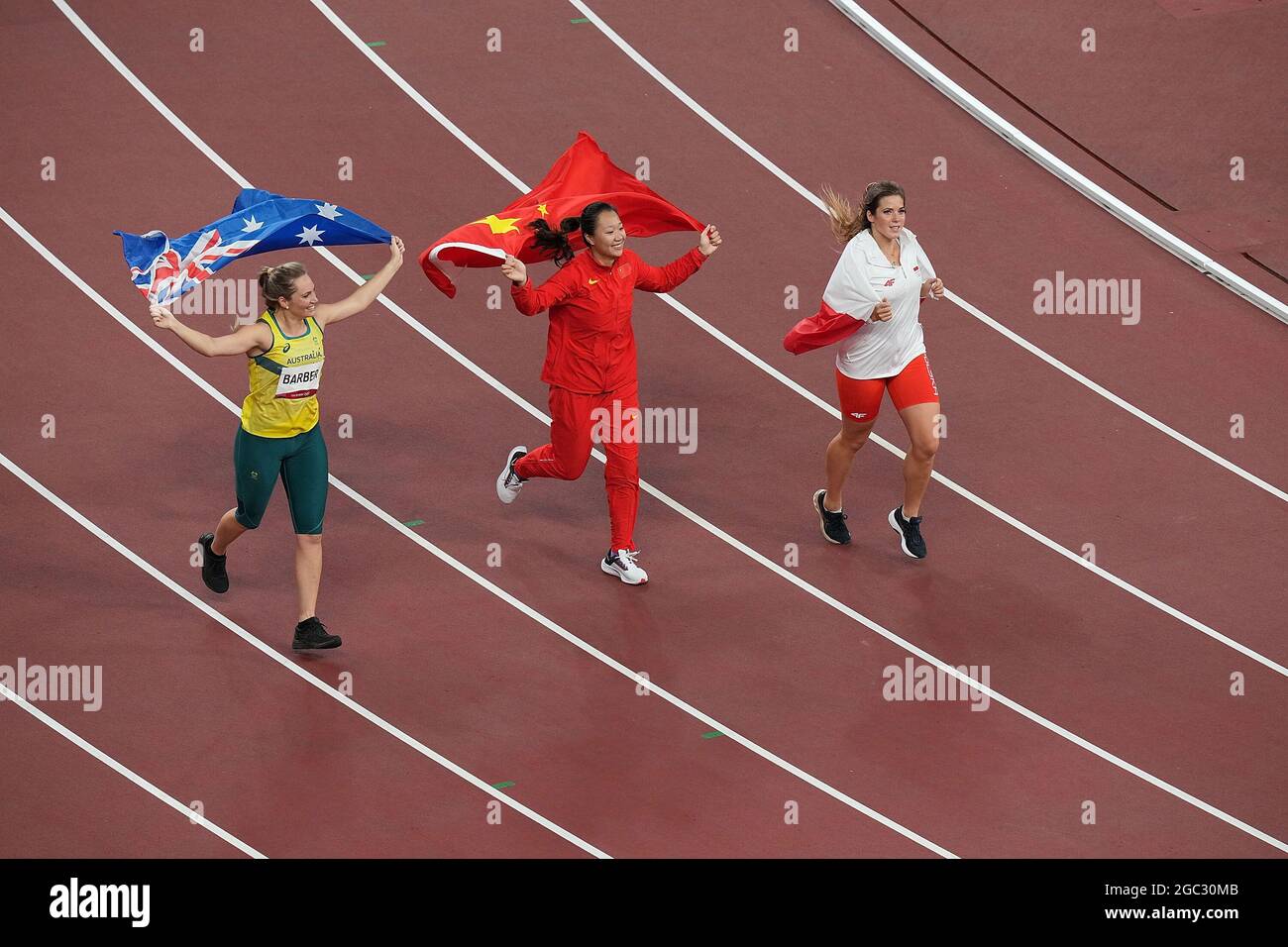Tokyo, Japan. 6th Aug, 2021. (From L to R) Kelsey-Lee Barber of Australia, Liu Shiying of China and Maria Andrejczyk of Poland celebrate after the women's javelin throw final at Tokyo 2020 Olympic Games, in Tokyo, Japan, Aug. 6, 2021. Credit: Lui Siu Wai/Xinhua/Alamy Live News Stock Photo