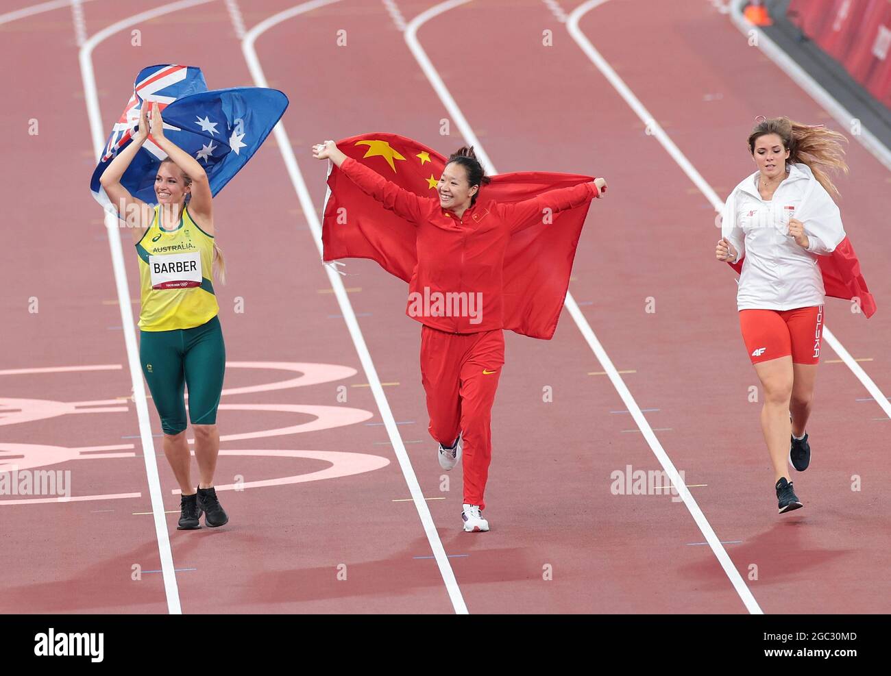 Tokyo, Japan. 6th Aug, 2021. (From L to R) Kelsey-Lee Barber of Australia, Liu Shiying of China and Maria Andrejczyk of Poland celebrate after the women's javelin throw final at Tokyo 2020 Olympic Games, in Tokyo, Japan, Aug. 6, 2021. Credit: Li Gang/Xinhua/Alamy Live News Stock Photo